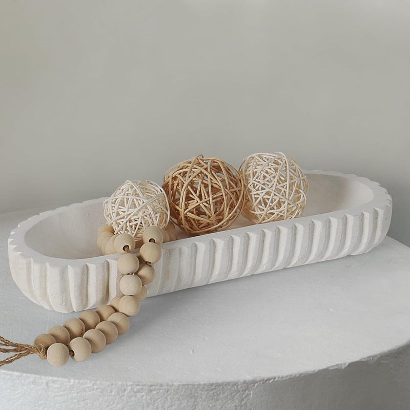 Oakrain Wooden Decorative Bowl, Dough Bowl for Home Decor, 16" Table Centerpiece Bowl with Hand Carved Vertical Stripes for Farmhouse Boho Rustic Style, White - Image 1